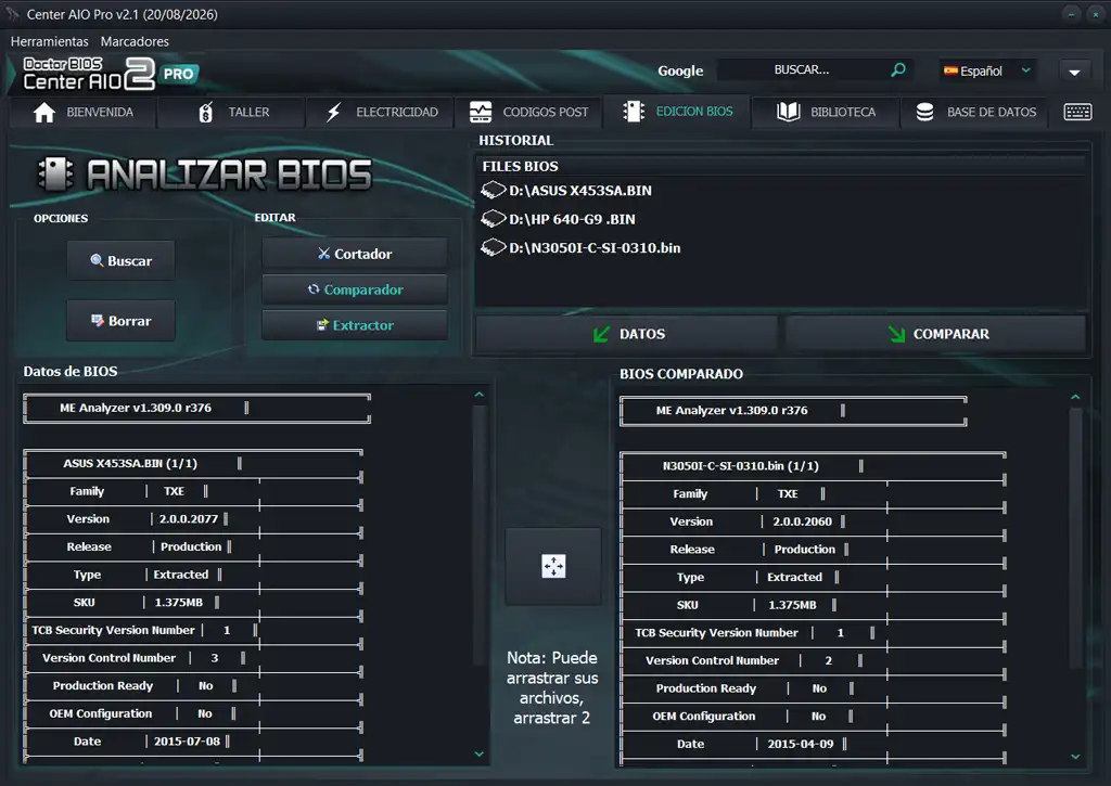 Apartado de análisis y edición de BIOS.